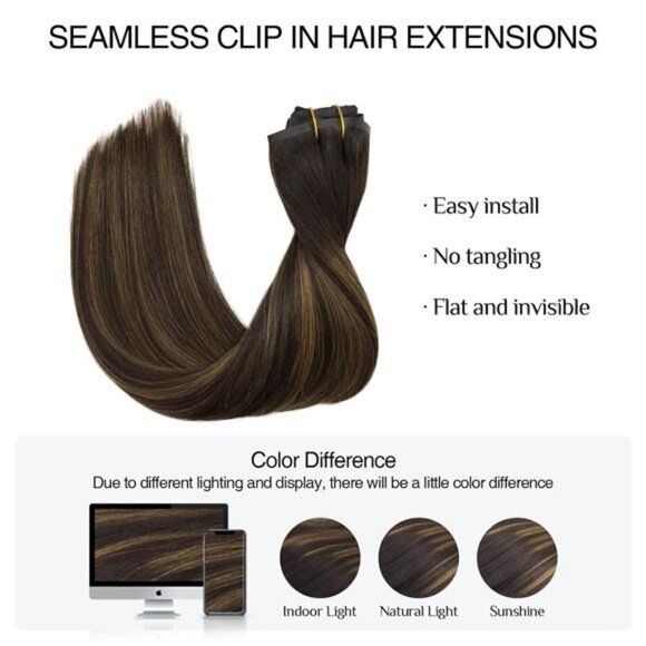 Hair Extensions Clip in Human Hair Dark Brown to Chestnut Brown 7pcs 150g 20Inch - Picture 6 of 7